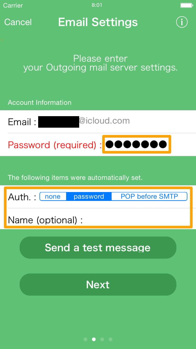 Mail Setting 2 Enter password and set server settings