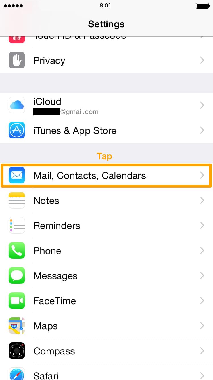 Settings of Push Notification 0 Tap to Mail,Contacs,Calendars